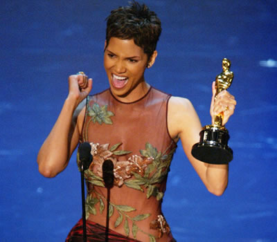 Halle Berry during her acceptance speech for winning the Academy Award for Best Actress at the 2002 Oscars. 