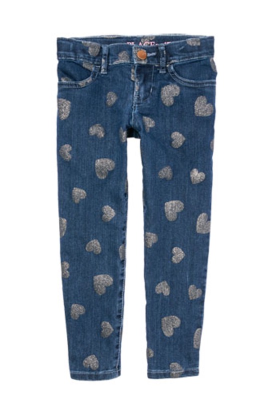 Girls Glitter Heart Print Denim Jeggings