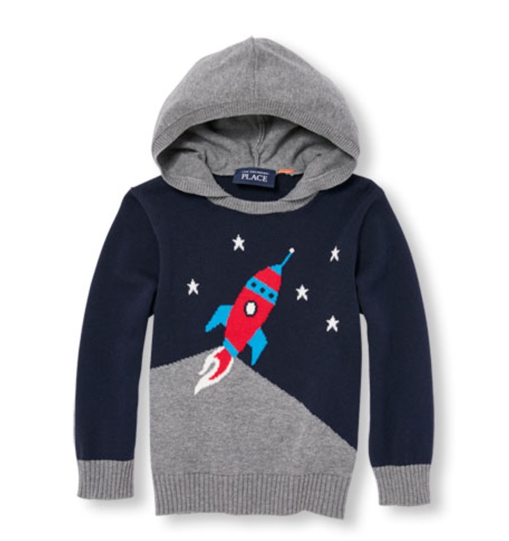 Beginning of Product Name Toddler Boys Long Sleeve Rocket Ship Hooded Sweater